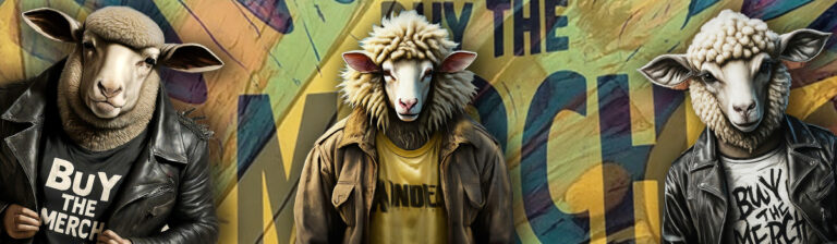 An illustration of a sheep promoting Anden Ministries fundraising items. Sheep wearing Anden Ministries t-shirt