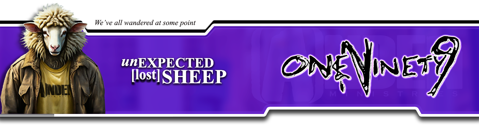 One in 99 blog banner for Anden Ministries featuring a sheep in a jacket with the text "We’ve all wandered at some point