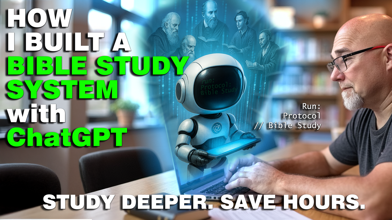 Friendly robot emerging from laptop with glowing tablet, surrounded by holographic Bible scholars like Wesley and Spurgeon, assisting a man in deep study at a modern library table.