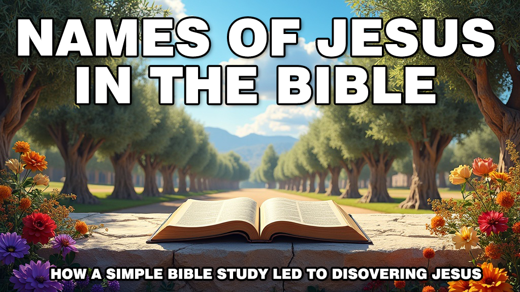 Open Bible on a stone altar in the Garden of Gethsemane, surrounded by vibrant flowers and olive trees under a bright sky