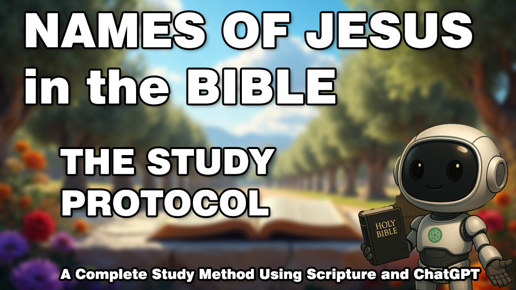 Robot holding a Bible beside a garden path with an open Bible and text overlay: “Names of Jesus in the Bible — The Study Protocol.” Represents a complete Bible study method using Scripture and ChatGPT.