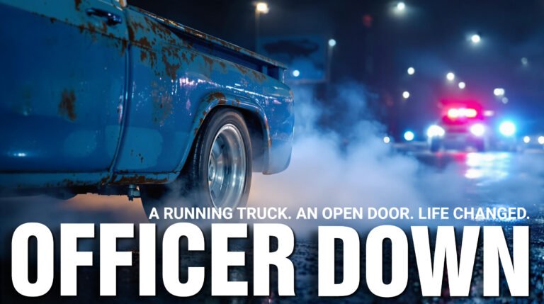Rusted blue truck with smoke, police lights flashing behind, words “Officer Down” — AI Generated, Paul McKee @TwoPaulie @AndenMinistries