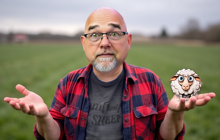 Paul shrugging with a cartoon sheep in hand, in a green field