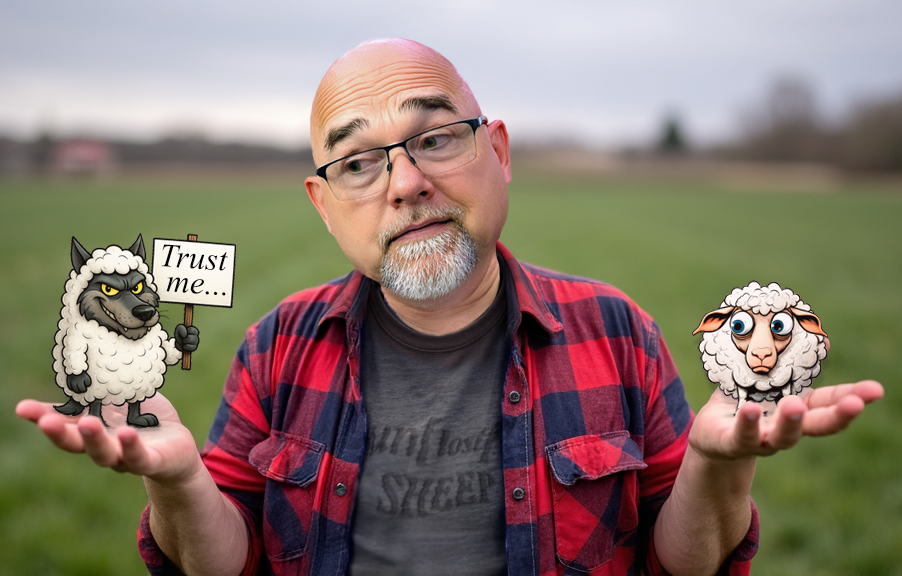 Paul holding a wolf and a sheep