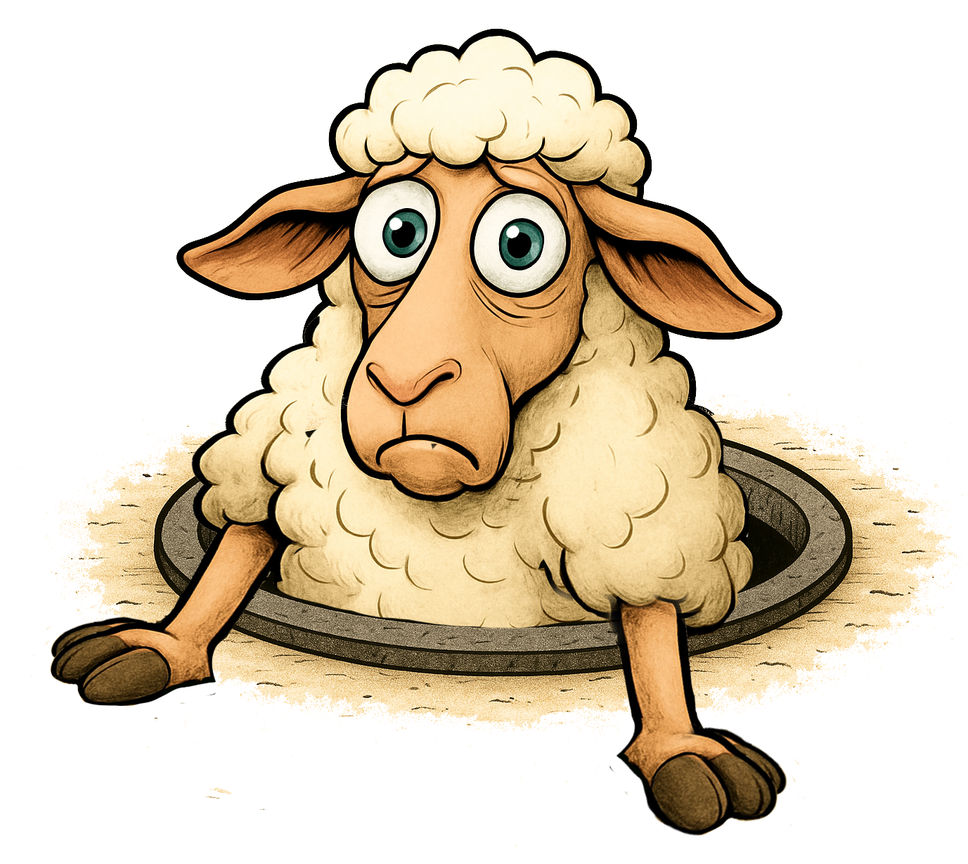 Cartoon sheep peeking from manhole